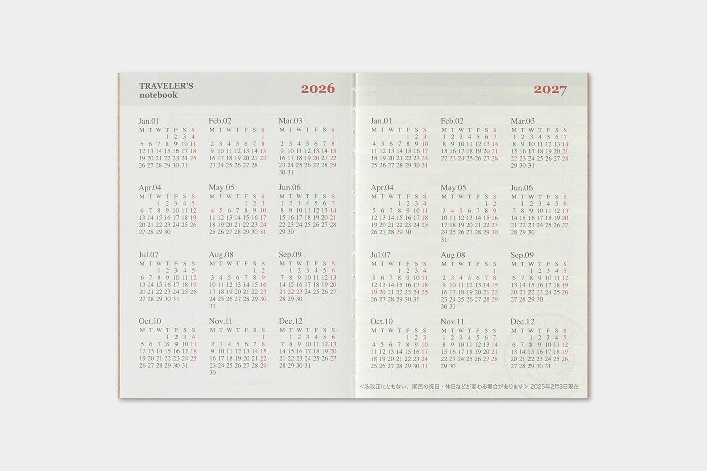 Traveler's Company Japan Midori Traveler's Notebook Refills 2026 TRAVELER'S Notebook Monthly Diary Refill - Passport Size by TRAVELER'S COMPANY