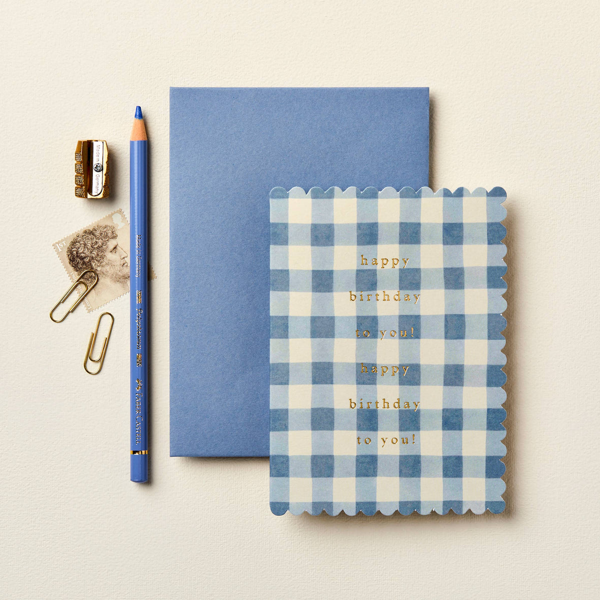 Wanderlust Paper Co Mid Blue Gingham 'Happy Birthday' Card