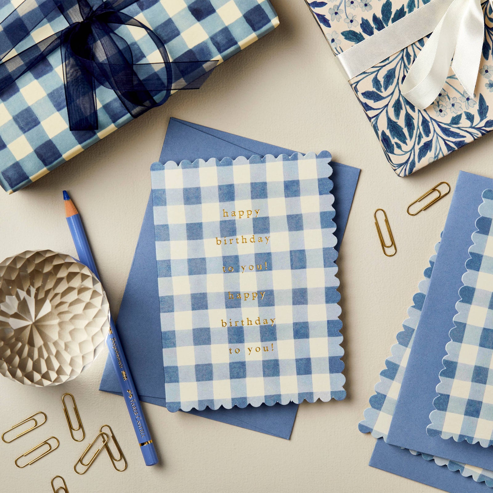 Wanderlust Paper Co Mid Blue Gingham 'Happy Birthday' Card