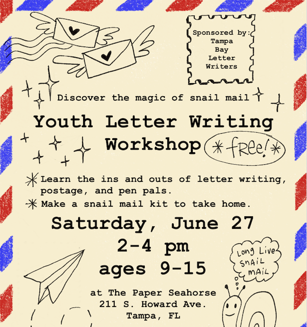 SPECIAL EVENT:  Youth Letter Writing Workshop, FREE and open to youth ages 9 -15